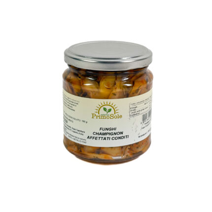 barattolo di Funghi Champignon affettati conditi dell'azienda Agricola primo sole